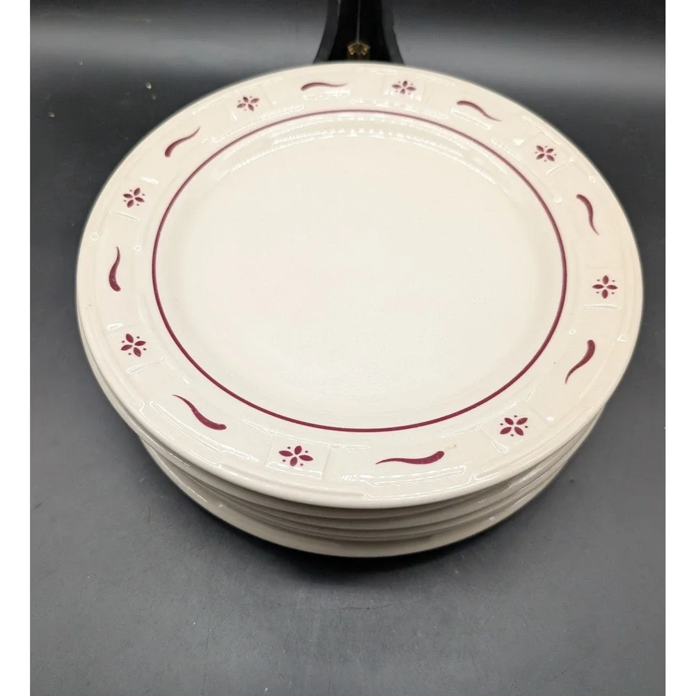 Longaberger Woven Traditions Heritage Red Dinner Plates Ivory Set of 6 USA Mad